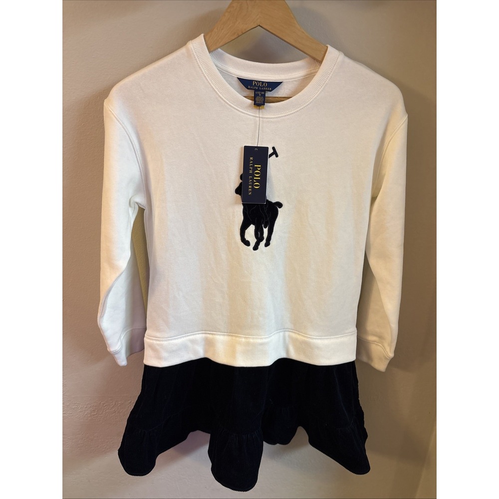 Polo Ralph Lauren Girls Big Pony Corduroy Skirt Fleece Dress White Navy L 12-14